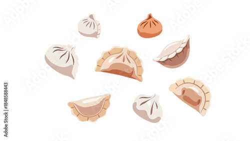 Delicious flat illustration of various Asian dumplings. Steamed buns and gyoza styles scattered on a pristine white background for food design.