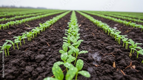 Young crop sprouts in rows, showcasing precision agricultural field planting with rich soil and promising green shoots in early growth stages