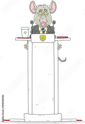 Old mangy rat official in a business suit with a tie giving its very important boring speech on a high rostrum with microphones at a meeting or conference, vector cartoon illustration on white