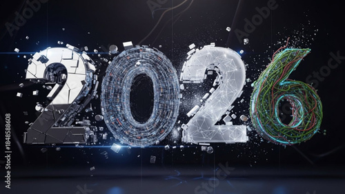 Year 2026 text futuristic digital design with shattered elements and glowing particles representing 