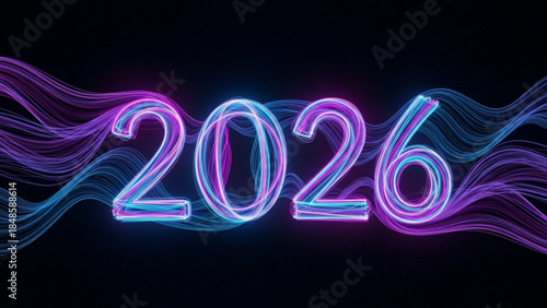 Neon glowing 2026 numbers with abstract wavy lines futuristic concept for New Year celebration and t