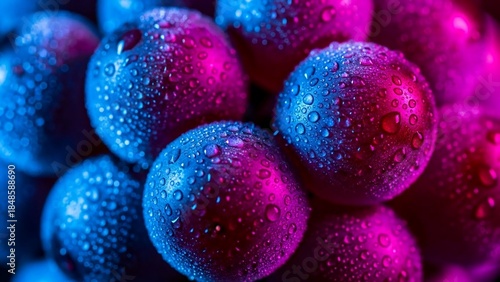 Close up studio shot of glistening plums illuminated by neon blue and magenta lights, showcasing water droplets on their smooth, colorful surfaces