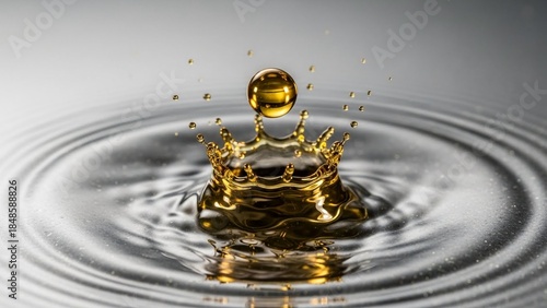 Golden droplet collision, liquid crown formation during fluid dynamics experiment creating mesmerizing ripples, macro photography