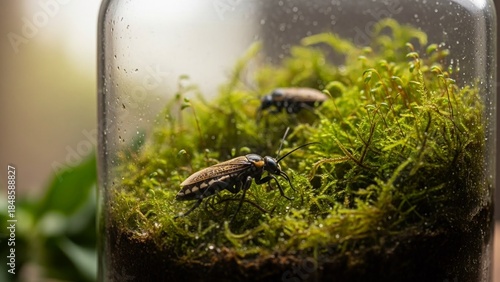 Fascinating terrarium featuring captivating beetles nestled amidst lush green moss, showcasing a miniature natural ecosystem within a glass enclosure