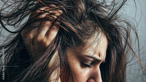 woman very sad and upset looking at damaged hair, hair loss, hair thinning problem, vitamin deficiency, baldness, postpartum, biotin, zinc, menstrual or endocrine disorders, hormonal imbalance