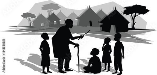 Village elder teaching children silhouette illustration, traditional rural storytelling and learning scene, cultural heritage education concept, black and white vector artwork