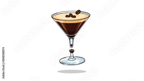 Stylish espresso martini illustration featuring coffee beans on rich foam in a floating glass for a sophisticated beverage concept. A perfect design