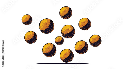 Stylized depiction of golden-capped textured spheres against a clean white backdrop art