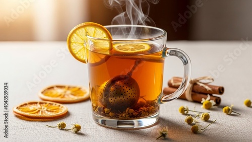 Aromatic citrus tea steeping in glass mug beside dried oranges, cinnamon sticks, and chamomile flowers creates a calming and healthy herbal beverage