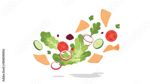 Vibrant culinary composition showcasing diverse fresh ingredients dynamically arranged for a delightful, healthy and wholesome meal illustration