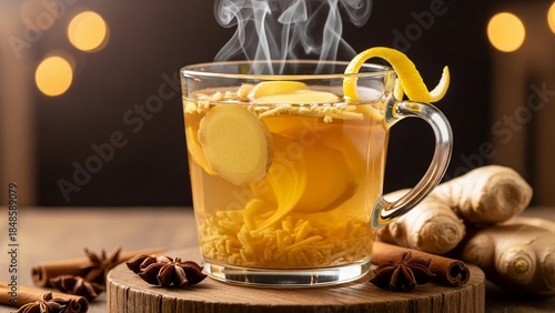 Close up of a hot ginger tea infused with lemon, star anise, and cinnamon, presented on rustic wood against a bokeh backdrop for a soothing, aromatic composition