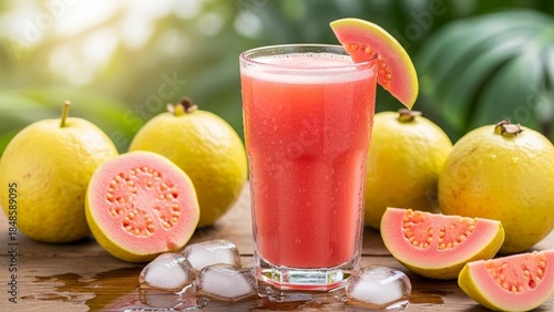 Refreshing guava juice served in glass with fruit slices, ice cubes on a wooden table under sunny, bright light, creating an inviting, tropical beverage scene