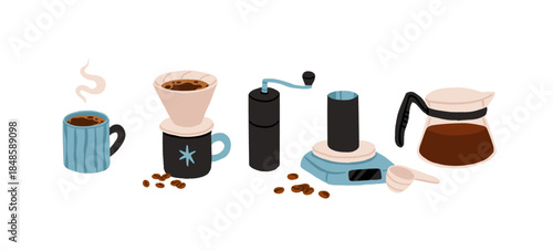 Set of coffee elements for hand brew pour over specialty coffee. Filter coffee accessories, scales, hand grinder, glass pot and pour over dripper, cup of hot freshly brewed coffee