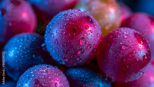 Close up of glistening ripe plums with colorful lighting exhibiting fresh droplets, appealing for healthy snack and vibrant fruit concepts