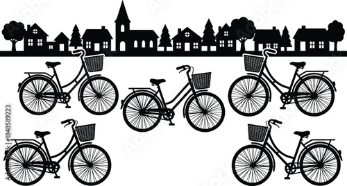 Vintage city bicycle silhouette illustration with urban town skyline, retro cycling transportation concept, black and white vector design for decor and branding