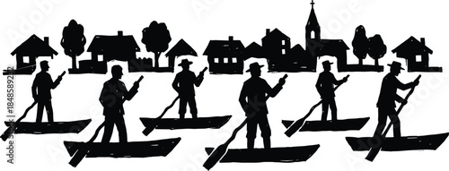 Village fishermen rowing wooden boats silhouette illustration, traditional river transport and livelihood scene, rural community lifestyle concept, black and white vector artwork
