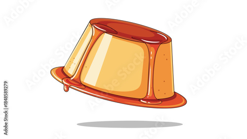 Delicious creamy custard dessert with sweet golden caramel sauce generously dripping down the sides, a vibrant delectable illustrative graphic