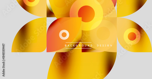 Abstract composition. Overlapping circles, squares create vibrant gradient effect. Warm tones dominate design, modern aesthetic.