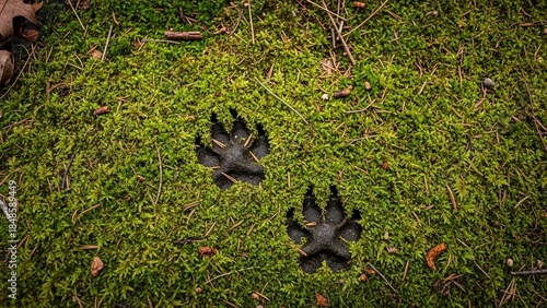 Overhead shot of two dog paw prints pressed into bright green moss covering rich soil with scattered leaves in a natural outdoor setting