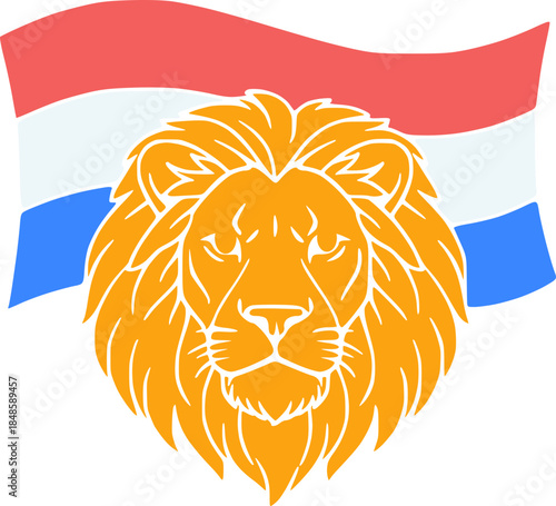 A powerful orange lion in front of the Dutch flag symbolizing sport pride teamwork and everything connected to Holland
