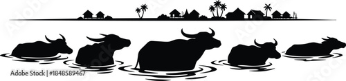 Water buffalo silhouette swimming in river near tropical village illustration showing rural life, livestock, agriculture, and peaceful countryside environment in black and white style