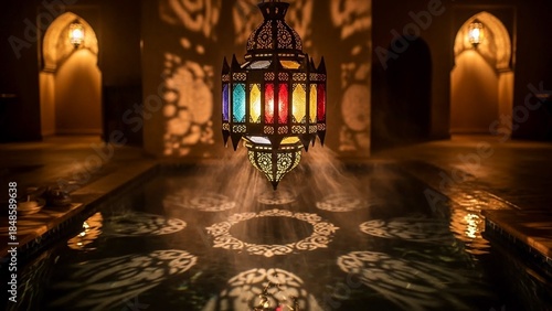 Ornate arabian lantern casts colorful geometric shadows in a dimly lit, atmospheric interior creating an islamic aesthetic