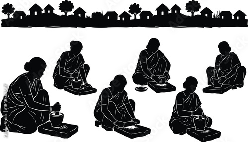 Women working together in rural village silhouette illustration, traditional handmade food preparation scene, cultural lifestyle concept, black and white vector artwork
