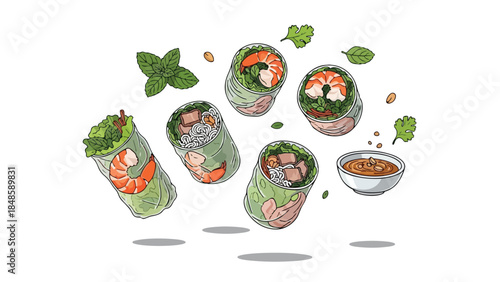 Vibrant Illustration of Fresh Vietnamese Spring Rolls with Dipping Sauce and Herbs