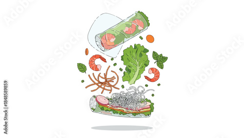 An appetizing illustration of vibrant fresh spring rolls and their wholesome healthy ingredients This artwork beautifully captures the essence of a