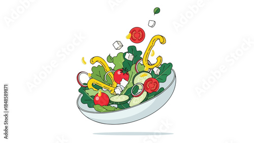 A vibrant and dynamic illustration showcasing a fresh, healthy salad with diverse ingredients like lettuce, tomatoes, cucumbers, and bell peppers