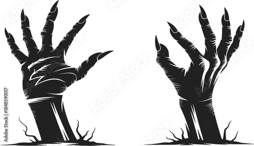 Two scary zombie hands rising from the ground, spooky monster claws vector illustration for Halloween horror design
