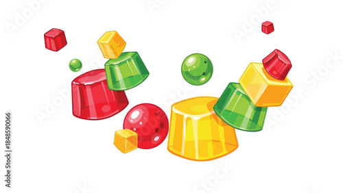 Vibrant, translucent red, green, yellow sweet treats. Playful cubes, spheres, and cup-shaped jellies in a dynamic arrangement. Cheerful