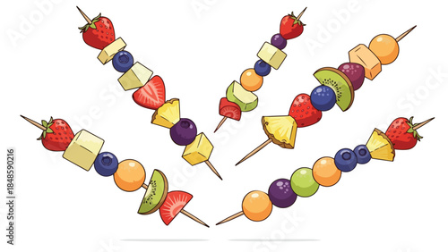 Vibrant assorted fruit skewers illustration featuring fresh berries, tropical fruits, and sweet melon for healthy snacking and summer parties, a