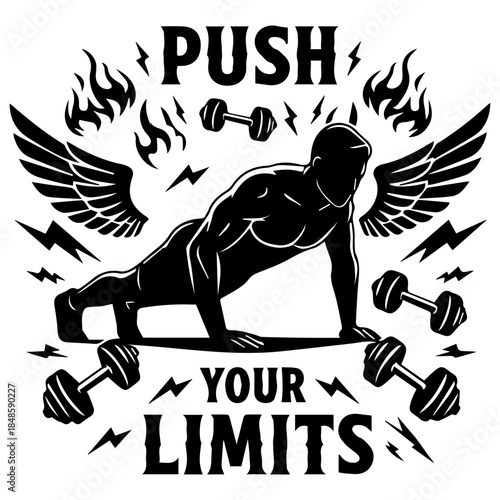 Push Your Limits Fitness Vector Illustration with Silhouette Athlete Doing Pushups and Dumbbells