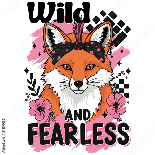 Wild and Fearless Vector Illustration with Punk Rock Fox Character Pink Flowers and Bandana