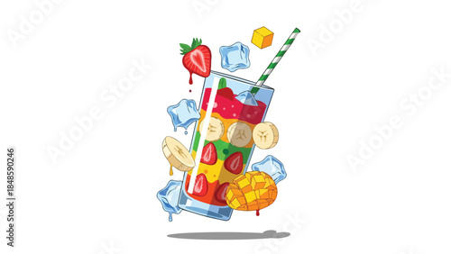 Colorful layered fruit smoothie with fresh strawberries, ripe bananas, juicy mango, ice, and striped straw, symbolizing healthy delicious refreshment