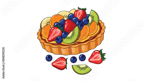 Colorful illustration of a delectable fresh fruit tart adorned with vibrant strawberries blueberries kiwi and orange slices a sweet dessert vector
