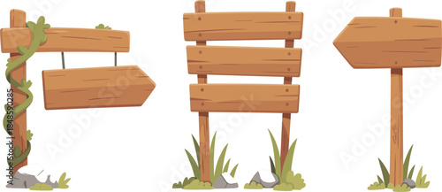 Set of rustic wooden direction signs and pointers, rural garden trail wood banner vector illustration for parks