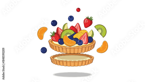 Vibrant fresh fruit tart illustration with flying berries and citrus segments showcasing delicious ingredients