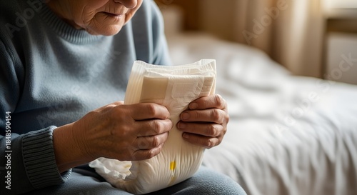 Elderly woman sitting on bed and holding incontinence product  