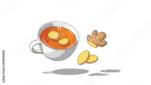 A comforting illustration of ginger tea in a steamy cup with fresh ginger root and slices