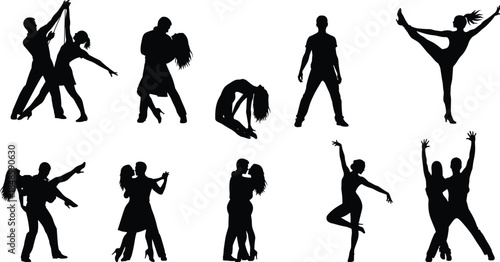 Dancing people silhouettes collection showing ballet modern and partner dance poses movement rhythm artistic performance isolated vector illustration