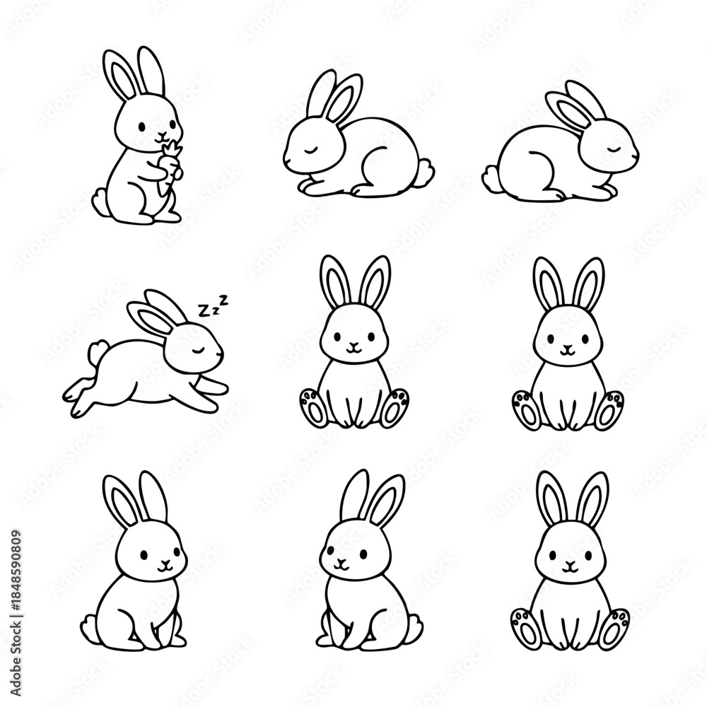 Fototapeta premium A series of black and white drawings of rabbits in various poses. The mood of the images is lighthearted and playful, with the rabbits appearing to be in different stages of relaxation or activity