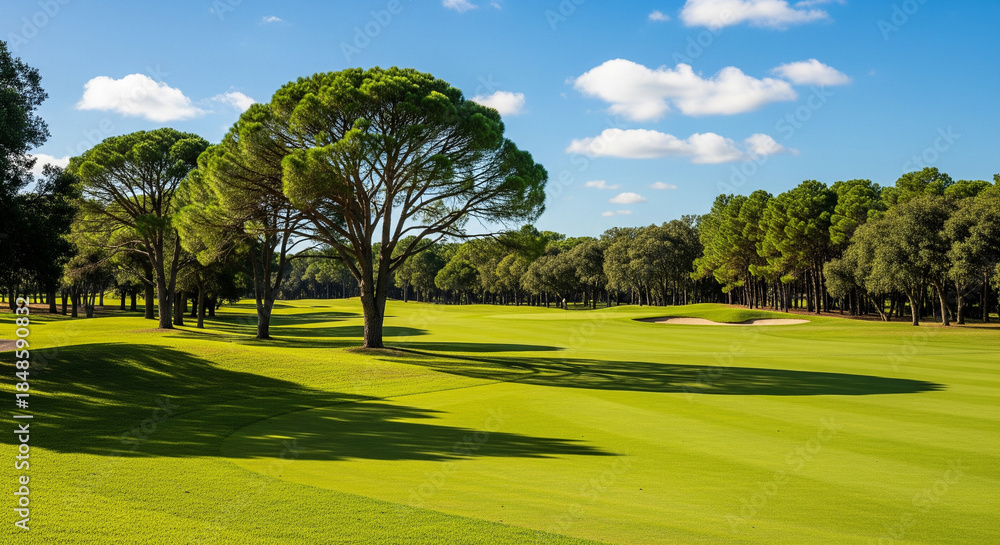Obraz premium Lush green golf course fairway with tall pine trees and blue sky on a sunny day