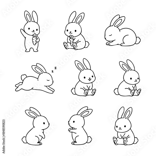 A series of black and white drawings of rabbits in various poses. The mood of the images is lighthearted and playful, with the rabbits appearing to be having fun and enjoying their time