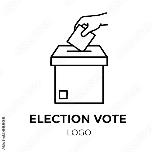 A person is putting a piece of paper into a box labeled "Election Vote". The image is black and white and has a simple, straightforward design. Scene is serious and important