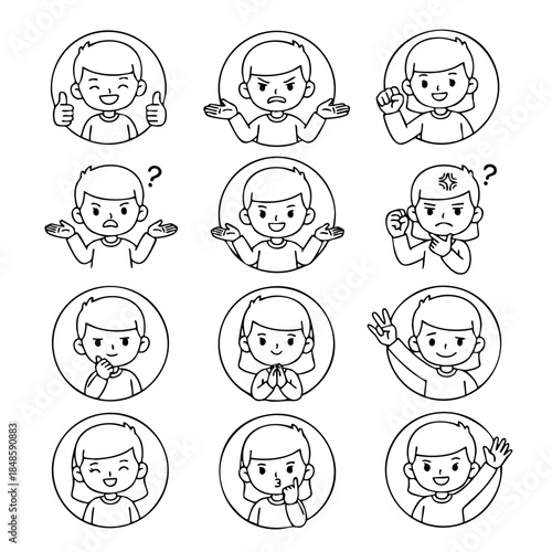 The image is a set of twelve cartoon faces with different expressions. The faces are smiling, frowning, and making various hand gestures. Scene is lighthearted and fun
