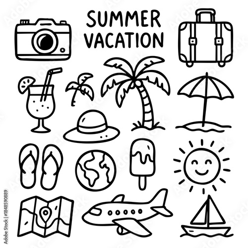 A set of images of various things related to summer vacation, including a camera, a suitcase, a palm tree, a hat, a glass of lemonade, an umbrella, a boat, and an airplane