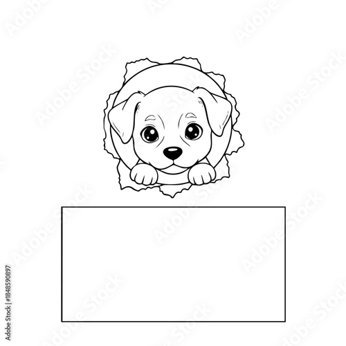 A dog is peeking out from a hole. The dog is cute and playful. The hole is a part of a drawing