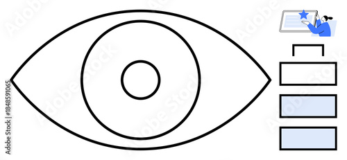 Visual include data management, cybersecurity, visual hierarchy, document verification, authentication, and information clarity. Central eye graphic with hierarchical boxes and verification icon